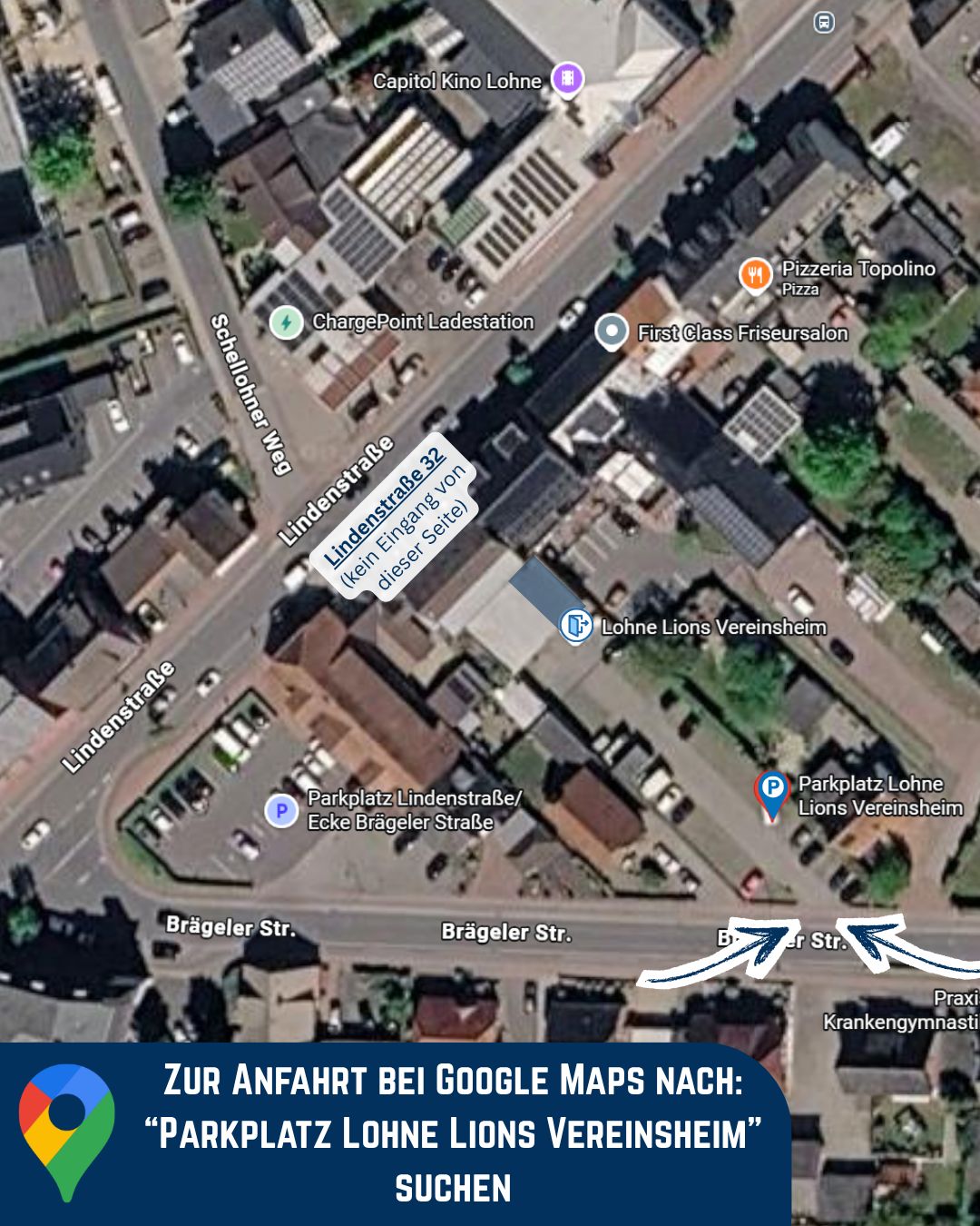 Anfahrtsskizze: Das Vereinsheim liegt an der Lindenstraße 32, die Einfahrt zum Parkplatz erfolgt aber über die Brägeler Straße, nicht über die Lindenstraße.